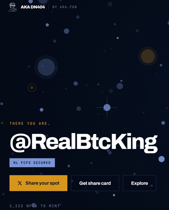 A dark-themed digital graphic with starry elements displaying '@RealBtcKing' as a featured username, with buttons to 'Share your spot', 'Get share card', and 'Explore', noting '2,222 NFTS TO MINT'.