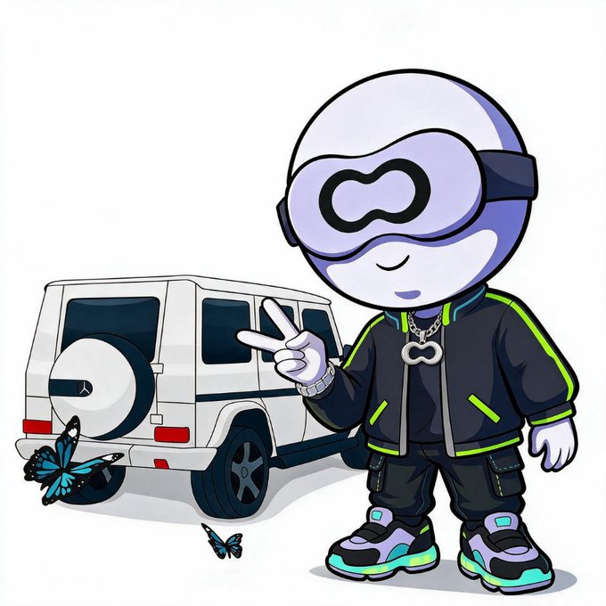 A cartoon mascot character wearing a purple helmet, black tracksuit with neon green accents, and futuristic sneakers, posing with a peace sign next to a white Mercedes G-Wagon with blue butterflies.