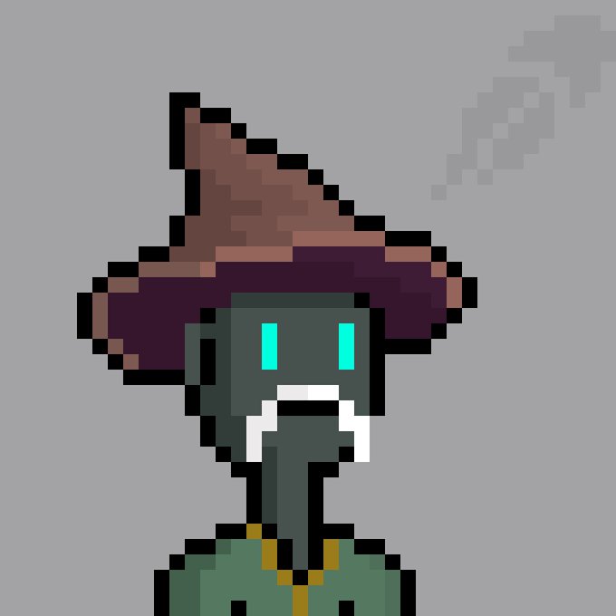 A pixel art wizard character with a tall brown pointed hat, glowing teal eyes, and a white beard wears a green cloak, illustrating the "Wezards" reference in the post teasing an upcoming announcement.
