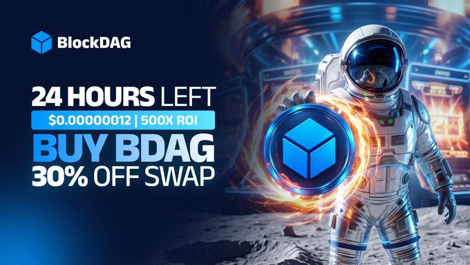 In the image, there is an illustration of an astronaut standing in front of a large blue cube. The astronaut appears to be holding this blue cube up to display its details prominently. Above the astronaut's head, there are two pieces of text that appear to be promotional or informational about the BlockDAG cryptocurrency. One of them states that there is a 24-hour sale left with BuyBDAG token, and another says that $0.00000012 is being bought for 500RIOi returns. The text seems to provide information related to the cryptocurrency, its features, and potential benefits or uses in various contexts.