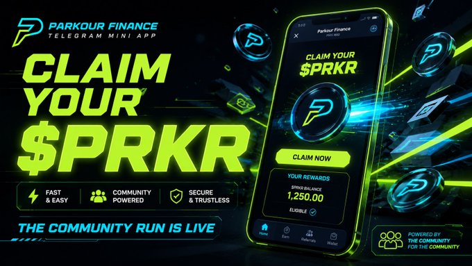 An advertisement for 'PARKOUR FINANCE TELEGRAM MINI APP' with the text 'CLAIM YOUR $PRKR', showing a phone interface with a 'CLAIM NOW' button and a reward balance of 1,250.00.