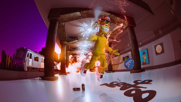 A 3D animated scene featuring a yellow character wearing a crown bursting through a structure with electric effects, in what appears to be a portal or gateway setting.