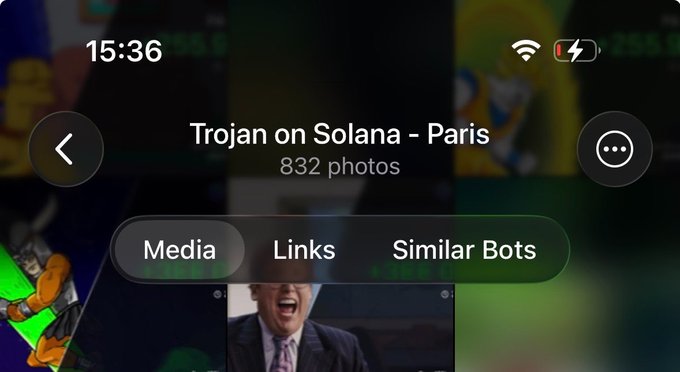 A Telegram bot page showing "Trojan on Solana - Paris" with 832 photos is displayed on a mobile screen, while a meme image of a laughing man in a suit peeks from the bottom of the frame—capturing the bittersweet mix of humor and loss reflected in the post about meme trading highs (37x gains) and lows (getting drained overnight).
