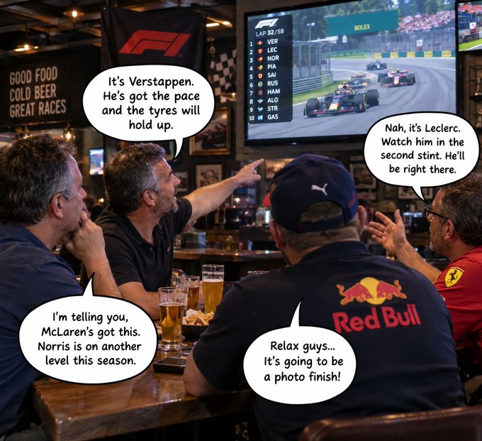 A meme showing a group of men in a sports bar with Red Bull and Ferrari logos on their shirts, debating an F1 race on TV, each predicting a different driver—Verstappen, Leclerc, or Norris—to win.