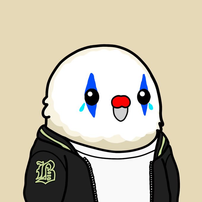 A cartoon bird-like mascot with a round white head, large expressive eyes with blue tears, and an open beak smiles cheerfully while wearing a black hooded jacket featuring a stylized yellow "B" logo on the chest, matching the "birbsrh" branding mentioned in the post.