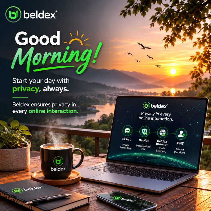 A promotional image for 'Beldex' featuring a 'Good Morning!' message about privacy in every online interaction, showing a laptop displaying 'BChat', 'BelNet', 'Beldex Browser', and 'BNS' services alongside a branded coffee mug and phone.
