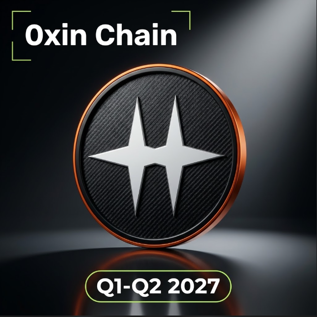 The image showcases a sleek, metallic "Oxin Chain" emblem featuring a four-pointed star design with copper and dark gray finishes, accompanied by the text "Q1-Q2 2027" indicating a projected timeline. It visually represents the official ecosystem and vision announcement, highlighting the project's upcoming developmental roadmap and commitment to building a long-term Web3 infrastructure.