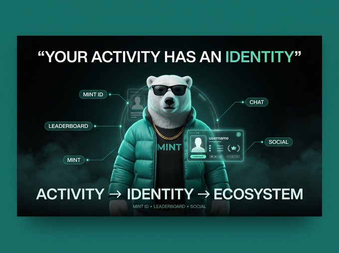 A promotional graphic featuring a bear wearing sunglasses and a puffer jacket, surrounded by UI elements, with the headline "YOUR ACTIVITY HAS AN IDENTITY" and the tagline "ACTIVITY → IDENTITY → ECOSYSTEM."