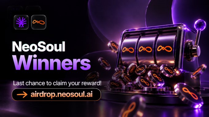 A dark casino-themed promotional banner reads “NeoSoul Winners,” “Last chance to claim your reward!” and “airdrop.neosoul.ai,” beside glowing slot-machine reels and tokens.
