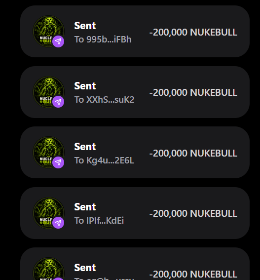 The image displays a series of transaction notifications confirming that 200,000 NUKEBULL tokens have been sent to various wallet addresses (995b...iFBh, XXhS...suK2, Kg4u...2E6L, IPIf...KdEi), illustrating the airdrop distributions promised in the post to the first 555 wallets who participate.