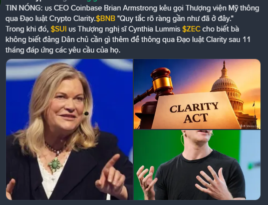 A Vietnamese news post about Coinbase CEO Brian Armstrong urging President Trump to sign the Crypto Clarity Act ($BNB), with Senator Cynthia Lummis ($SUI, $ZEC) supporting the legislation.