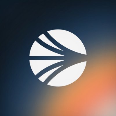 A minimalist white circular logo with curved lines resembling a globe or abstract design against a gradient blue and orange background.