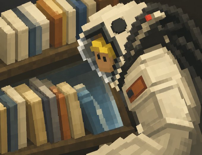 Pixel art showing a character in a white hooded jacket and mask examining books on a shelf in a library setting.