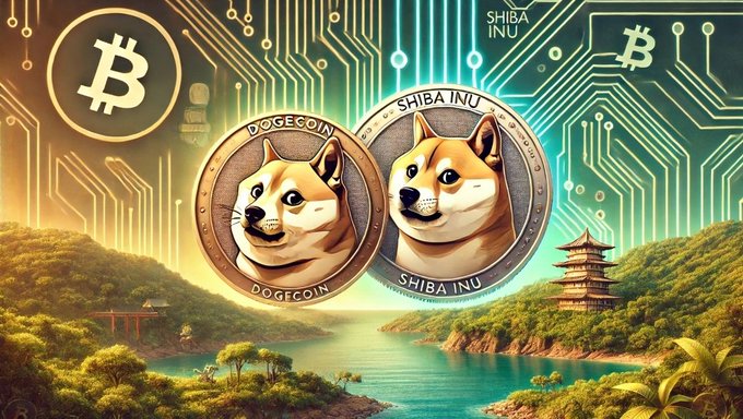 A digital artwork featuring Bitcoin, Dogecoin, and Shiba Inu cryptocurrency coins displayed prominently against a tropical landscape with a Japanese pagoda and circuit board patterns in the background.