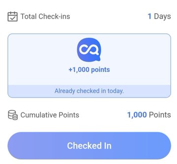 The image shows the LoquaApp check-in dashboard displaying "+1,000 points" awarded for today's check-in, with a note stating "Already checked in today" and a cumulative total of "1,000 Points," illustrating the daily rewards feature of the Sui-based privacy-focused AI messenger app mentioned in the post.