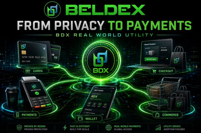 Promotional graphic for BELDEX (BDX) cryptocurrency titled 'FROM PRIVACY TO PAYMENTS - BDX REAL WORLD UTILITY,' showcasing features like Cards, Wallet, Payments, Checkout, and Commerce with a green digital aesthetic.