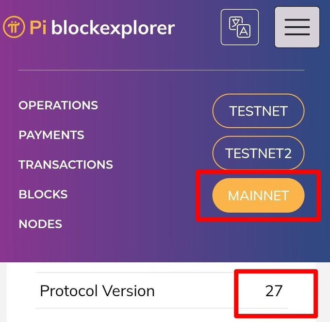 A screenshot of the Pi blockexplorer app menu, showing options like OPERATIONS and PAYMENTS, with "MAINNET" and Protocol Version "27" highlighted in red boxes.