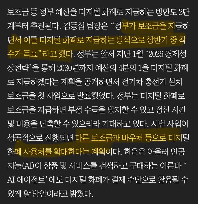 The image displays a Korean-language news article discussing the government's plan to issue deposit tokens as a digital currency, with specific text highlighted in yellow that translates to phrases about government issuing deposit tokens as a form of digital currency that marks a turning point in three years, and about developing a plan to expand the use of digital currency in other deposit banks and non-financial sectors if the pilot project is successful.