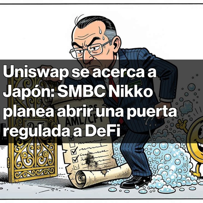 A cartoon illustration shows a sweating businessman carrying a large scroll labeled 'AML/CFT' through an ornate doorway, with Spanish text reading 'Uniswap se acerca a Japón: SMBC Nikko planea abrir una puerta regulada a DeFi'.