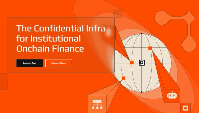 A bold orange promotional banner for Primus (primus_labs) features the tagline "The Confidential Infra for Institutional Onchain Finance" alongside "Launch App" and "Explore Docs" buttons, with abstract geometric graphics including a globe, nodes, and robot/server icons representing their privacy-focused blockchain infrastructure.