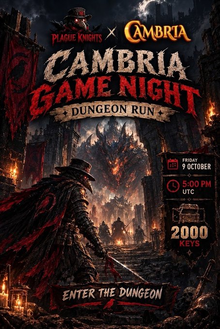A dark fantasy promotional poster for 'CAMBRIA GAME NIGHT - DUNGEON RUN' in collaboration with Plague Knights, scheduled for Friday October 9 at 5:00 PM UTC with 2000 keys, featuring a knight in a red cape before a fiery dungeon entrance.