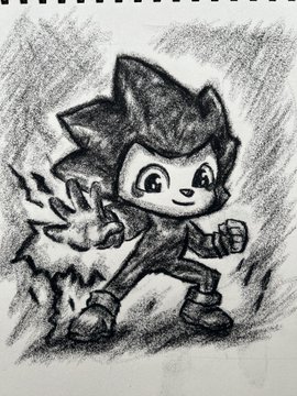 A pencil sketch of Shadow the Hedgehog in a dynamic pose with his hand outstretched.