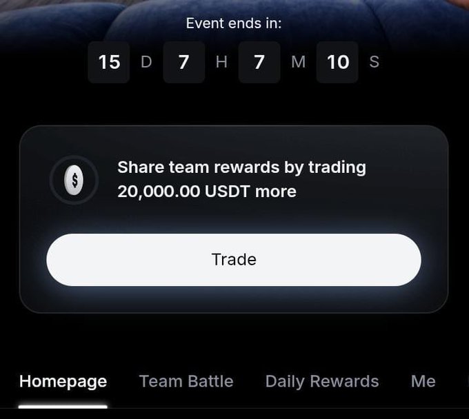 A mobile app screen showing a countdown timer and a message: 'Share team rewards by trading 20,000.00 USDT more' with a 'Trade' button.