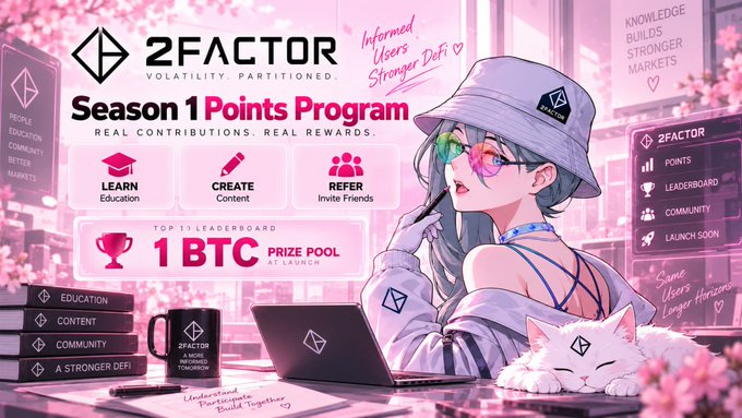 The image is a vibrant pink-themed promotional banner for **2Factor's Season 1 Points Program**, featuring an anime-style character with a white cat, surrounded by branding elements like a trophy, laptop, and mug. It highlights key program details: **"1 BTC Prize Pool,"** three reward categories — **Learn (Education), Create (Content), Refer (Invite Friends)** — and the tagline **"Real Contributions. Real Rewards,"** visually reinforcing the post's message that 2Factor rewards meaningful DeFi engagement over locked liquidity.