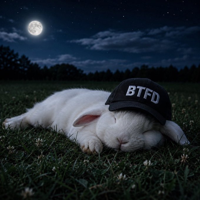 The image features a cute rabbit sleeping in a grassy field at night under the moonlight. The bunny is wearing a baseball cap with "BTFD" written on it, giving it a unique appearance. The caption of the picture reads: "Goodnight X! #GN $BTC £64.01k tonight, holding in the low 64k zone with some mild pressure. Rabbits recharge well and stack those dreams. Sweet dreams fam, tomorrow we hop again NFA DYOR".