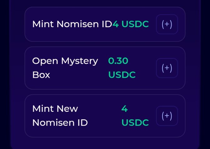 The image shows a list of three new tasks related to Mint Nomisen ID, including opening mystery boxes, minting new Nomisen ID4 USDC, and updating existing Nomisen ID4 USDC. The tasks are organized into three columns with their respective descriptions in white text against a dark purple background.