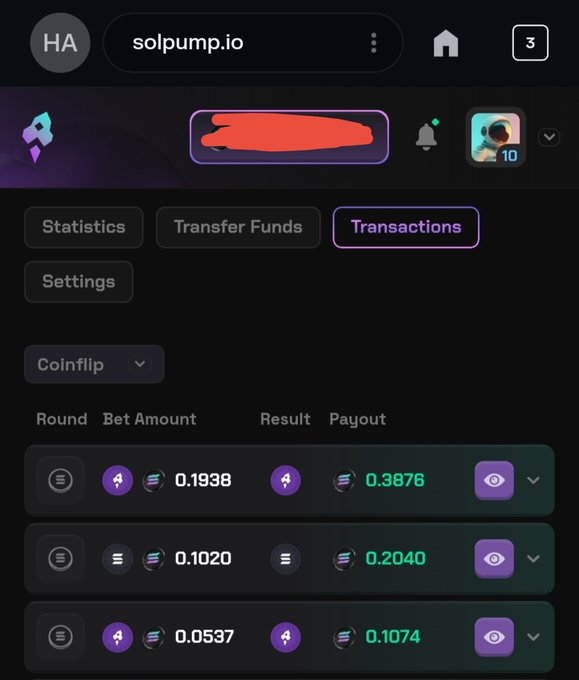 A screenshot of a mobile browser on solpump.io showing a 'Transactions' tab for a 'Coinflip' game, displaying bet amounts and payouts in what appears to be Solana (SOL).