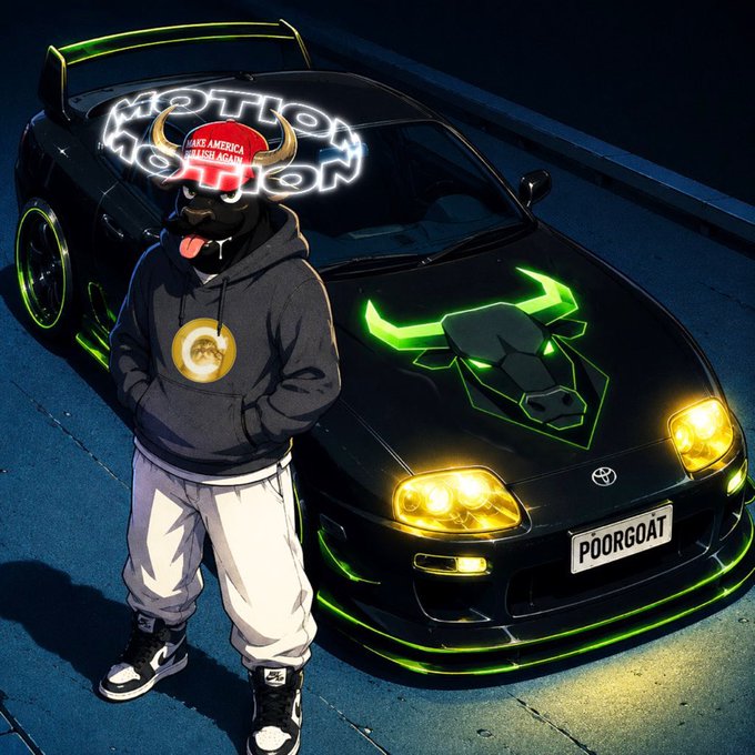 An anime-style illustration of a black panther character wearing a red "Make America" cap and hoodie, standing in front of a black Toyota Supra with neon green accents and a "POORGOAT" license plate.