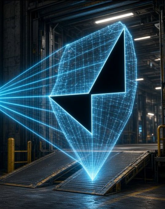 A futuristic 3D rendering of a glowing blue holographic Ethereum (ETH) logo projected in an industrial warehouse setting.