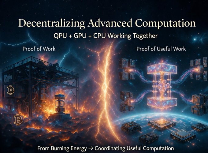 A digital artwork titled 'Decentralizing Advanced Computation: QPU + GPU + CPU Working Together', contrasting 'Proof of Work' on the left with 'Proof of Useful Work' on the right.