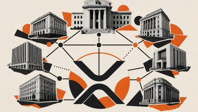 A collage-style graphic showing the XRP logo surrounded by photos of classical government buildings connected by network lines.
