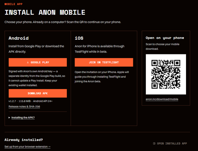 A webpage screenshot titled 'INSTALL ANON MOBILE' offering Android (Google Play, DOWNLOAD APK v1.2.7) and iOS (JOIN ON TESTFLIGHT) download options, along with a QR code.