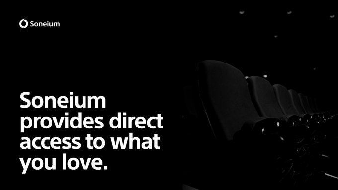 A dark image of empty stadium seats with the Soneium logo and the tagline "Soneium provides direct access to what you love." The image visually reinforces the post's message about access—not merchandise or tickets—being the real luxury in entertainment, with the empty seats symbolizing the sought-after proximity to live experiences.