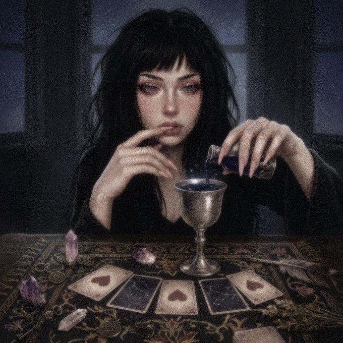 A moody, mystical illustration depicts a dark-haired woman pouring a starlit liquid from a vial into a silver chalice, surrounded by tarot cards, amethyst crystals, and a feather on an ornate cloth.