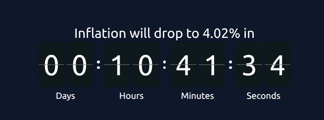 A digital countdown timer displays "Inflation will drop to 4.02% in 00 Days, 10 Hours, 41 Minutes, 34 Seconds" against a dark blue background, illustrating the upcoming reduction in $CRV token inflation referenced in the post about Curve's improving tokenomics and stablecoin adoption.
