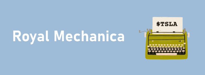 A banner with the text "Royal Mechanica" next to an illustration of a green typewriter displaying a paper that reads "$TSLA".