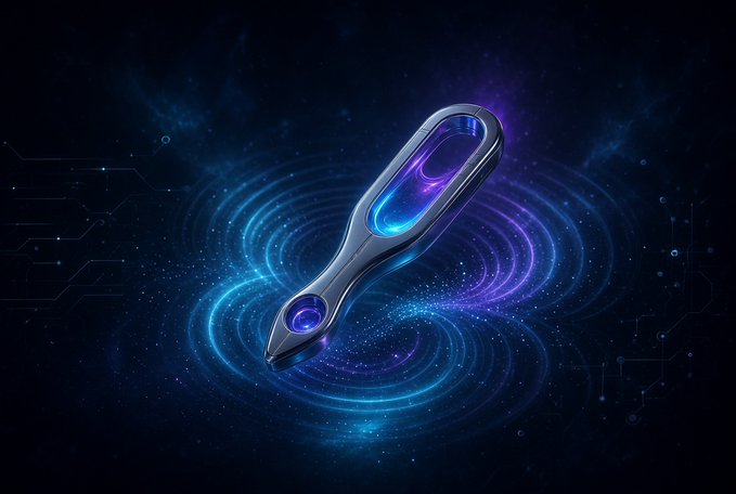 A digital artwork depicting a sleek, futuristic metallic tool with glowing blue and purple cosmic energy swirling around it against a dark, starry background.