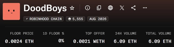 A dark-themed cryptocurrency/token dashboard displays 'DoodBoys' on the Robinhood Chain, showing a floor price of 0.0024 ETH, a top offer of 0.0021 WETH, and a 24H volume of 6.09 ETH.