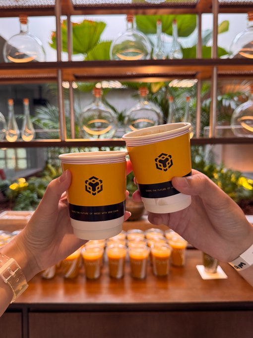 Two hands clink yellow paper coffee cups bearing the "BNBrew" logo with the tagline "Share the future of money with BNB Chain," set against a backdrop of stacked BNB-branded cups and a shelf of glass decanters with greenery — perfectly capturing the celebratory close of TOKEN2049.