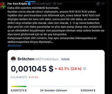 A Turkish tweet discussing a cryptocurrency called 'Brötchen' (#2648) which is priced at 0.001045$ and has dropped 42.1% in 24 hours, with a warning about a potential rugpull/scam involving a honeypot.