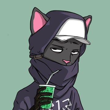 An anime-style digital drawing depicts a character wearing a dark hoodie with cat ears, a white cap underneath, holding a green cup with a straw, and looking sideways with half-closed eyes.