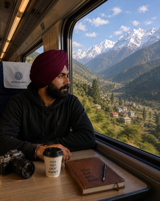 A bearded man in a maroon turban and black hoodie sits by a train window gazing at snow-capped mountains, with a coffee cup reading 'Good Vibes Great Journey', a camera, and a leather journal on the table.