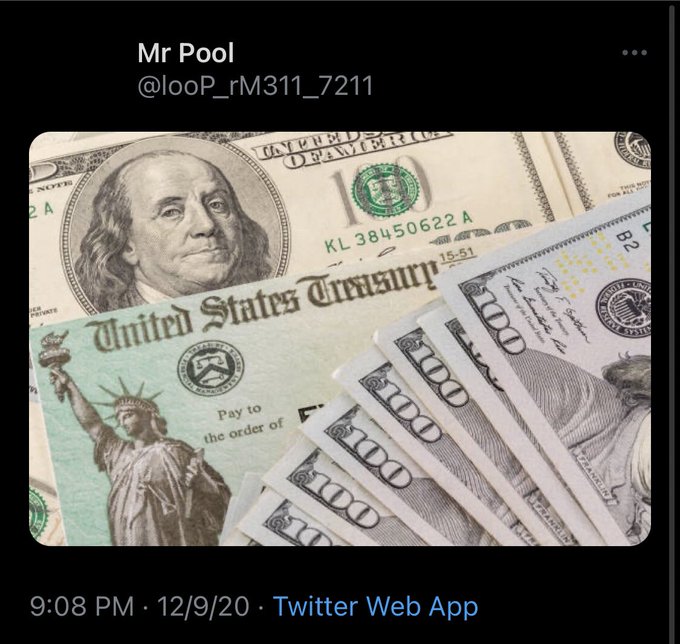 A tweet from "Mr Pool" (@looP_rM311_7211) posted on 12/9/20 features an image of U.S. currency, prominently displaying a $100 bill with Benjamin Franklin's portrait and the Statue of Liberty on a U.S. Treasury check, alongside a fan of additional $100 bills. The caption references at least eight $100 bills, and the username "looP" appears to be a play on the cryptocurrency XRP ticker (XRP reversed is "PRX" and "looP" mirrors it).