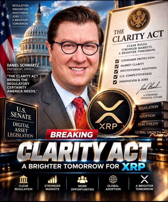 A promotional graphic for the Clarity Act featuring Daniel Schwartz, President of Ripple, alongside XRP branding, the U.S. Capitol building, and text promoting 'Clear Rules, Stronger Markets, A Brighter Tomorrow' for XRP.