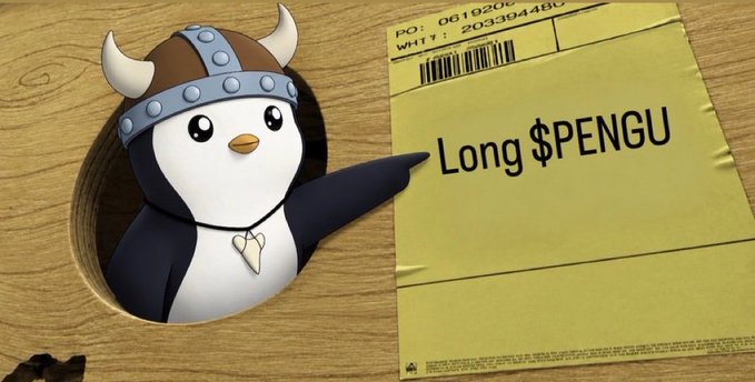 A 3D-rendered penguin character wearing a Viking helmet pops out of a hole in a wooden surface, pointing at a yellow shipping label that reads 'Long $PENGU'.
