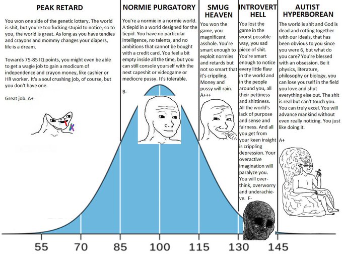 A satirical bell curve IQ chart categorizing people into five groups (Peak Retard, Normie Purgatory, Smug Heaven, Introvert Hell, Autist Hyperborean) with typical wojak faces placed along the distribution.
